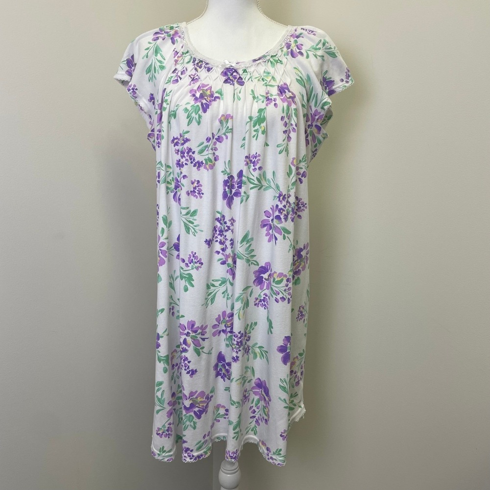 Miss Elaine Floral Nightgown Purple White Smocked Lace Trim Sleep Dress